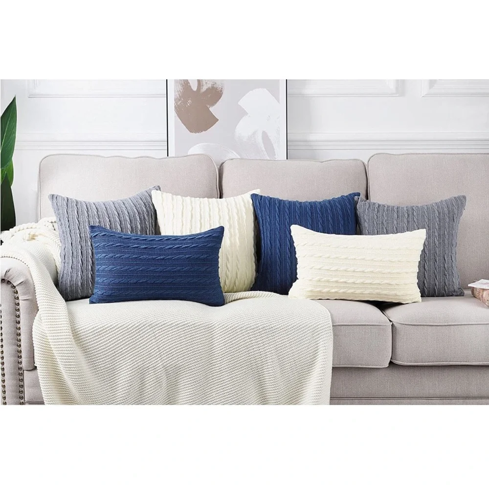 Luxury Home | Set Of 2 Elegant Navy Blue Cable Knit Throw Pillow Covers